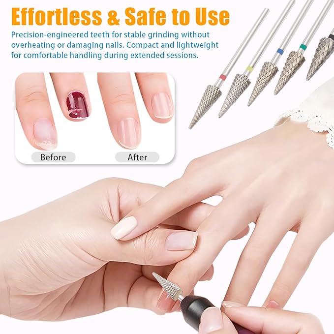 5Pcs Tungsten Carbide Nail Drill Bits Set, 3/32" Shank Fine Drill Bit for Acrylic Nails, XC, C, M, F, XF, 5 in 1 Drill Bits for Nail Care, Gel Removal, Cuticle Polishing