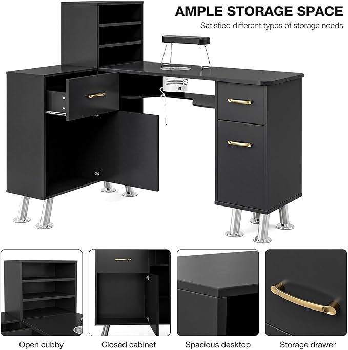 Manicure Table with Shelves, L-Shaped Nail Table Station w/Electric Downdraft Vent, Foldable Nail Arm Rest, Storage Cabinets, Drawers, Metal Handles & Legs for Nail Tech(Black New)