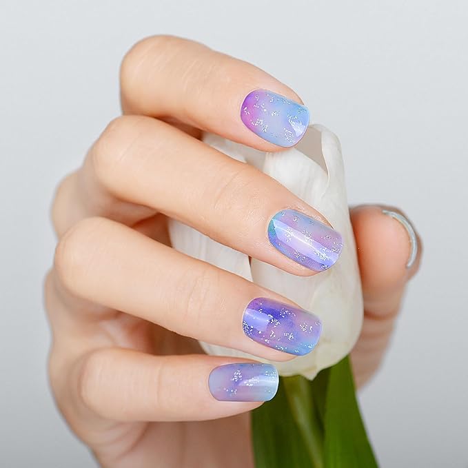 WOKOTO 1 Sheet Semi Cured Gel Nail Strips With Wood Stick, Nail File & Prepared Pads, 20 Tips Dreamy Color Semi Cured Nail Polish Strips, Harden With UV Light Gel Nail Wraps Stickers For Women Girls
