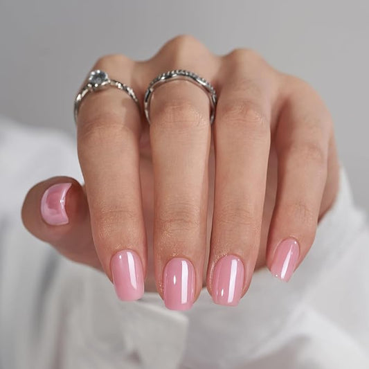 BTArtbox Press On Nails Short - Square Press On Nail, Pink Chrome Nail Tips Glue On Nails with Nail Glue, Reusable Stick On Nails in 15 Sizes - 30 Soft Gel Fake Nails Kit, Lotus Glazed
