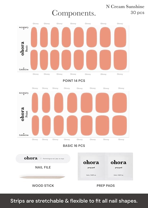ohora Semi Cured Gel Nail Strips (N Cream Sunshine) - Brown, Solid, Works with Any UV/LED Lamps, Salon-Quality, Long Lasting, Easy to Apply & Remove - Includes 2 Prep Pads, Nail File & Wooden Stick