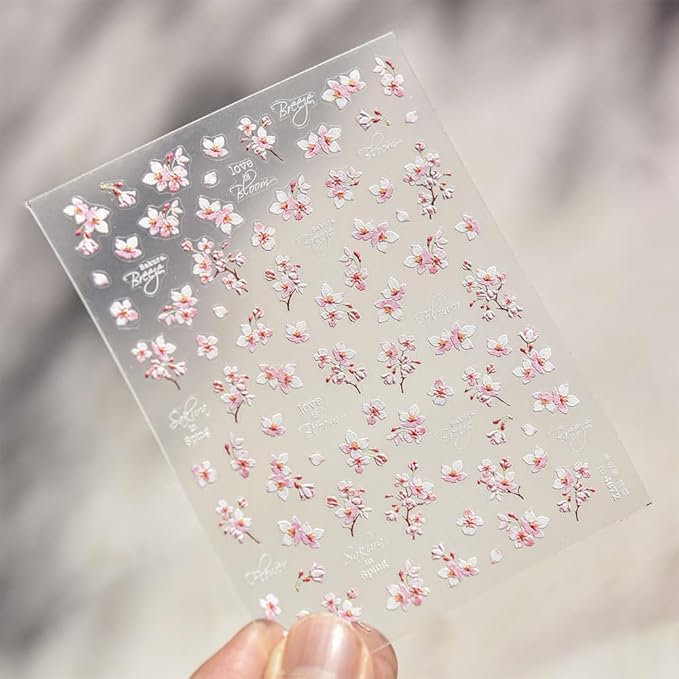 2 Sheets Flower Nail Stickers for Nail Art, 5D Embossed Self Adhesive Spring Summer Sakura Design Nail Supplies Decoration for Women Girl DIY Manicure Accessories