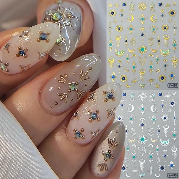3 Sheets Star Moon Nail Stickers 5D Embossed Gold Stars Nail Art Stickers Shiny Star with Diamond Love Heart Sun Self-Adhesive Designs Chrome Nail Decals for Women DIY Decor Accessories