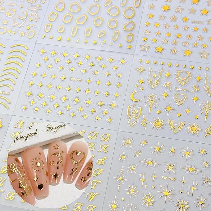 30 Sheets Gold Nail Stickers Star Nail Art Stickers 3D Embossed Self Adhesive Nail Decals Moon Letter Bow Nails Design Summer Nail Art Decals for Women Manicure DIY Decoration