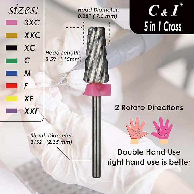 C & I 5 in 1 Multi-Function Tapered Shape Nail Drill, Cross Teeth Edition, Professional Drill Bit for Nail Manicure Machine (Triple Coarse - 3XC)