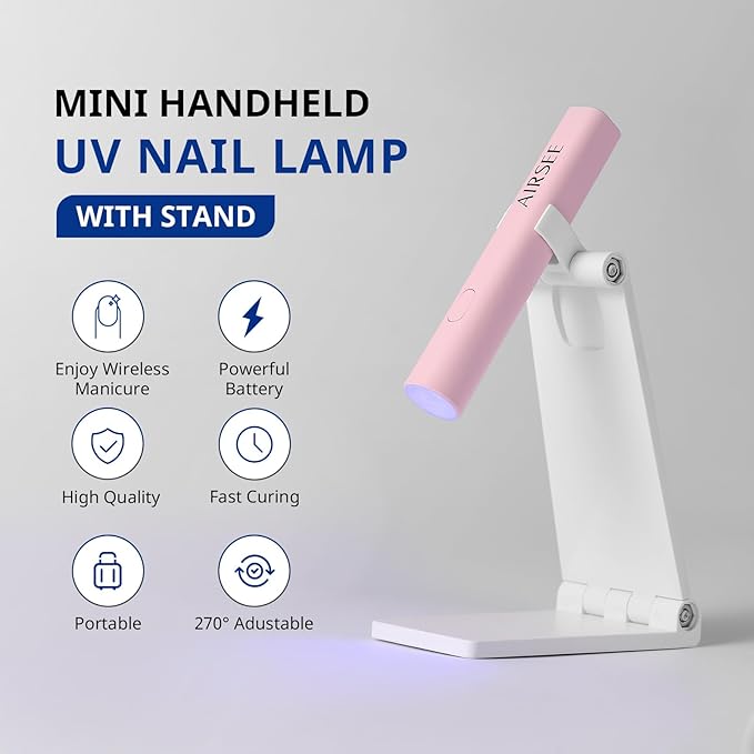 AIRSEE Mini Handheld UV Light for Gel Nails with Stand,Portable Rechargeable Nail Lamps,2 Timers for Fast Nail Extension,Rhinestone Glue Decoration,Gel Nail Strips at Home,Travel(Pink)