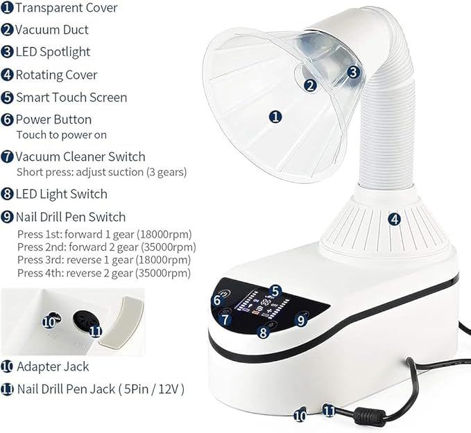 230W Table Nail Dust Collector Led Light Strong Absorption Tube Extractor Desktop Cleaning Manicure Vacuum Cleaner (Vacuum Cleaner+Nail Drill Pen)