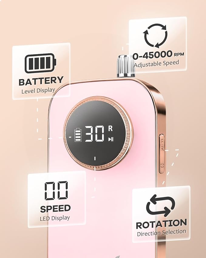 45000 RPM Nail Drill - Brushless Cordless Efile LCD Display & Heat Reduction Tech for Acrylic Gel Nails (Pink)