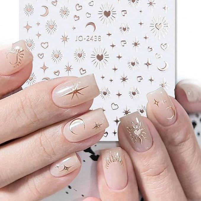 8 Sheets Gold Silver Nail Stickers Stars Heart Nail Decals 3D Self-Adhesive Bronzing Laser Star Moon Sun Love Hearts Metallic Chrome Line Nail Design Sticker for Women Girls Manicure Decoration