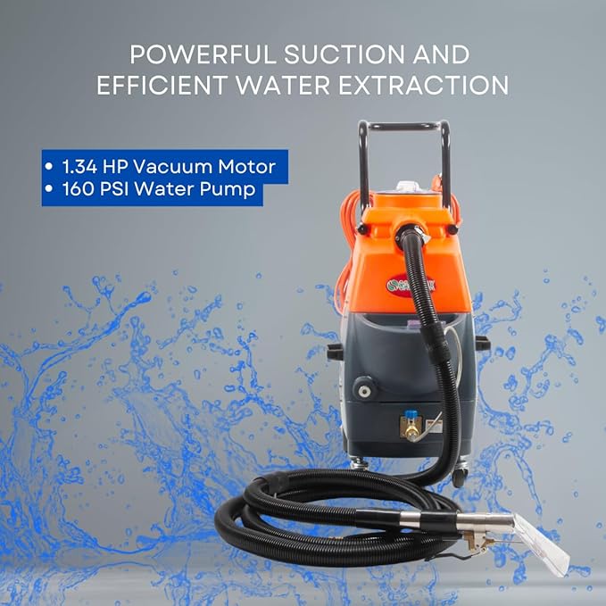 Commercial Heated Carpet and Upholstery Extractor Cleaning Machine, 5.3-gal Recovery Tank, 1.34 HP Vacuum, 160 PSI Pump, 149°F Water, Professional Use