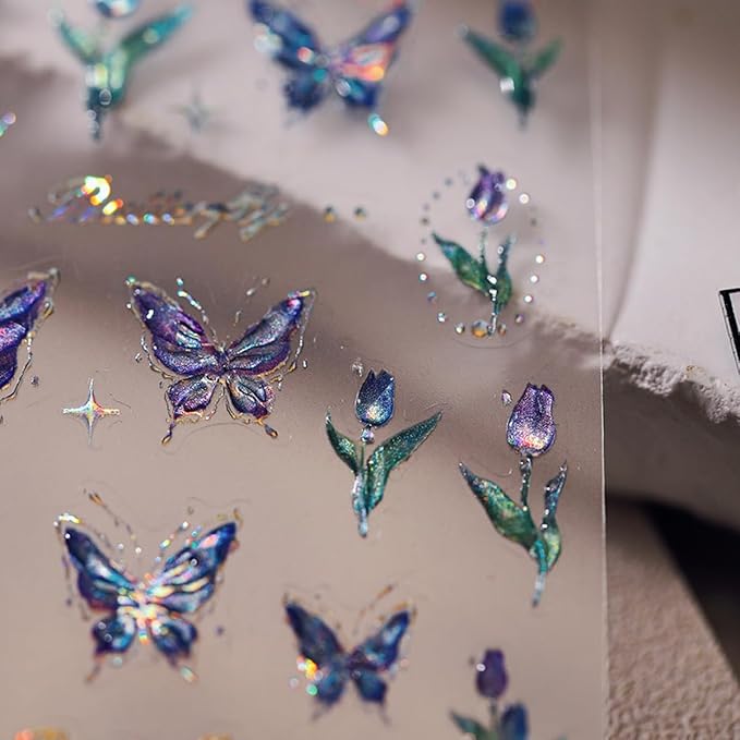 Butterfly Nail Art Stickers - Blue Butterflies, Flower Designs, 5D Embossed Decals, Shiny Accessories for Women & Girls. Great for Spring-Summer Nail Art Decoration