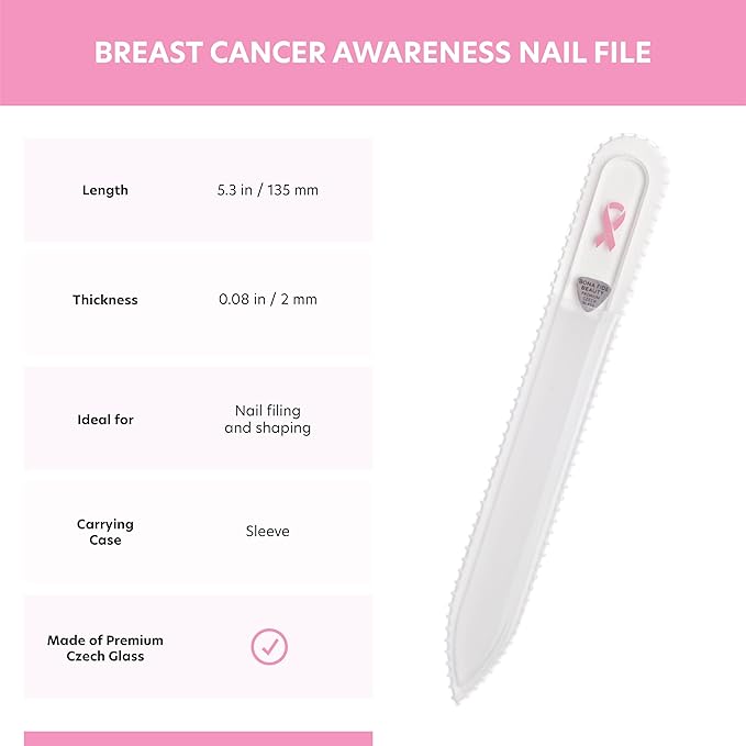 Bona Fide Beauty Czech Glass Nail File with Pink Ribbon - Breast Cancer Awareness Nail Filer for Cause, Pink Ribbon Nail File.