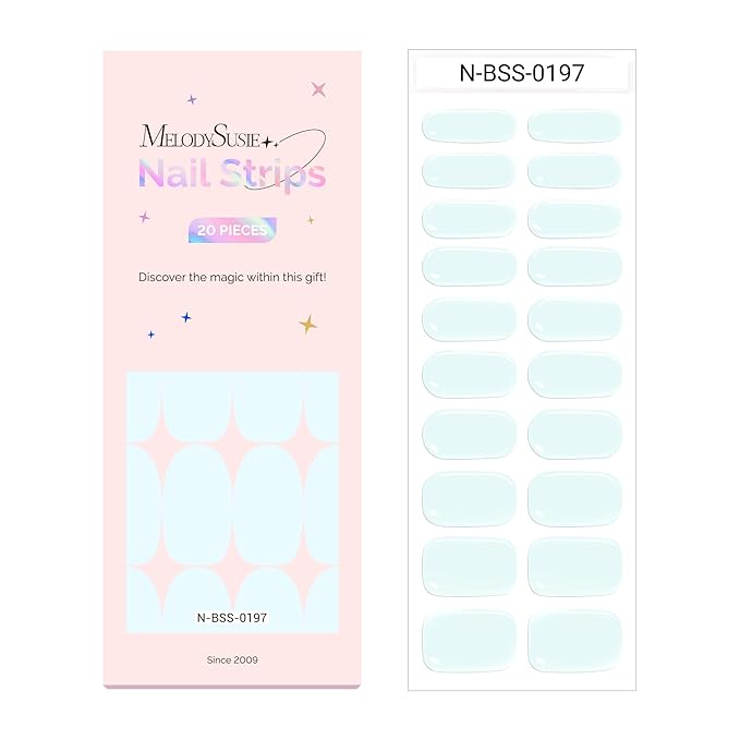MelodySusie Semi Cured Gel Nail Strips (Light Blue), Works with Nail Lamp, Salon Quality, Long Lasting, Easy to Apply and Remove, Includes 20Pcs, 2 Prep Pads, Nail File and Wooden Stick