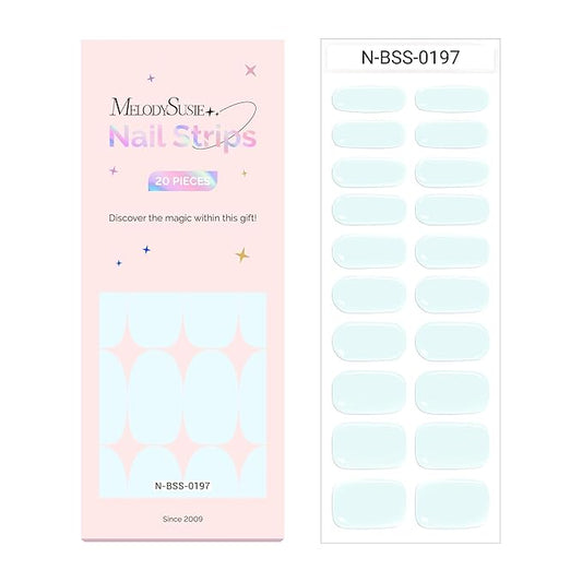 MelodySusie Semi Cured Gel Nail Strips (Light Blue), Works with Nail Lamp, Salon Quality, Long Lasting, Easy to Apply and Remove, Includes 20Pcs, 2 Prep Pads, Nail File and Wooden Stick
