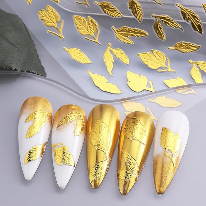 6Pcs Fall Nail Stickers 3D Gold Maple Leaves Nail Decals DIY Self Adhesive Autumn Gold Glitter Leaves Design Thanksgiving Nail Decoration Supplies Holiday Manicure Accessories for Women Girls