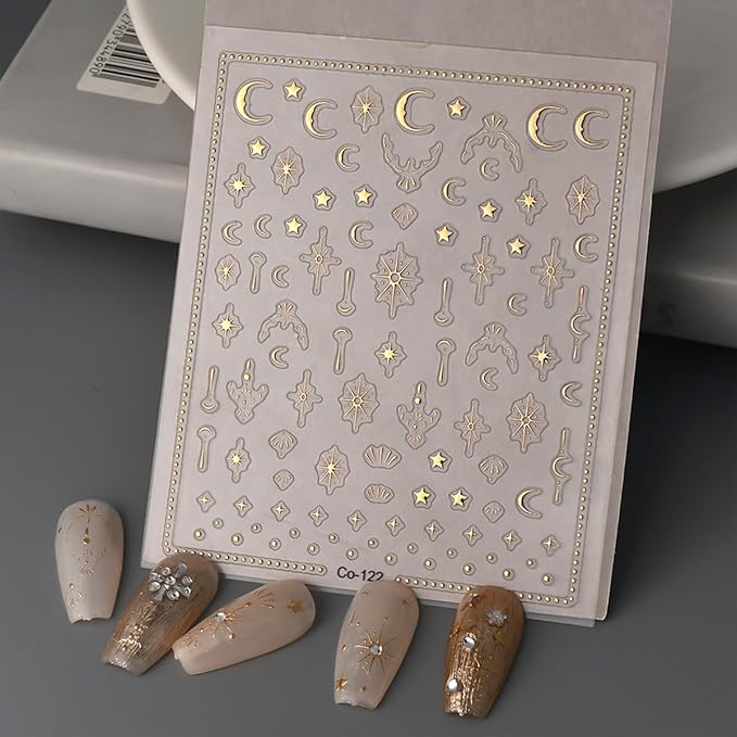 Moon Star Nail Art Stickers 5D Embossed Gold Star Nail Decals Gold Star Moon Nail Stickers for Nail Art Self-Adhesive Luxury Nail Design Star Nail Supplies for Women Girls DIY Manicure Decoration