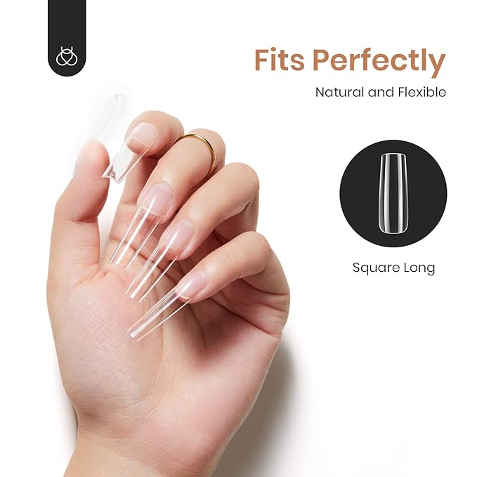 Beetles Gel Nail Kit Gel Nail Tips, 500Pcs Pre-shaped Long Square Gelly Tips Clear Press on Nail Tips Full Cover False Nails for Gel Art Soak Off Nail Extensions Acrylic Nails Women Gifts