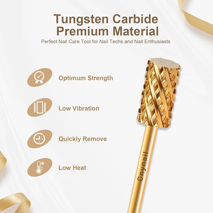 3/32" Large Barrel Flat Top Tungsten Carbide Nail Drill Bit Safety Bit for Gel & Acrylic Removal, 2-Way Rotating Efile Tip, Salon Electric File Accessory (4XC Grit, Gold)