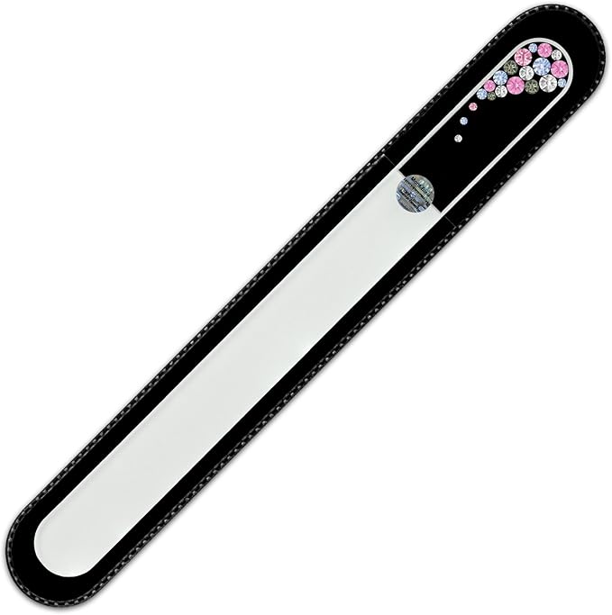 Large Size Glass Nail File Hand Decorated with Swarovski Elements, in Black Velvet Sleeve, Genuine Czech Tempered Glass, Hand-Made Crystal Nail File