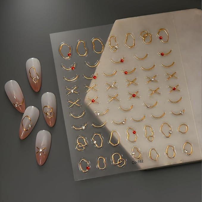 Gold Nail Stickers for Nail Art 5D Self-Adhesive Nail Decals Line Nail Stickers with Rhinestones Design Gold Irregular Nail Art Supplies Decoration Accessories for Women and Girls