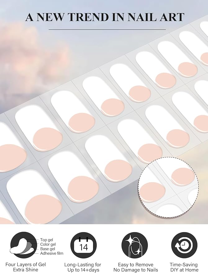 EBANKU 20Pcs Semi-Cured Gel Nail Strips, Nude Deep French Nail Sticker, Lasting Waterproof Full Wraps Stickers for Salon Manicures, Perfect for Women, Girl with File and Stick