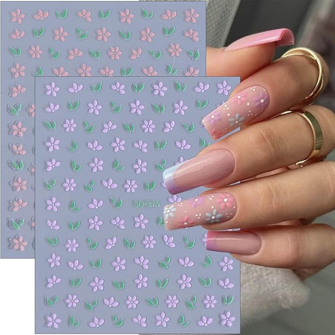 6Sheets Flower Nail Stickers for Nails Spring Floral Nail Decals Purple Pink Flowers Leaves Design Cute Nail Art Stickers Small Daisy Nails Supplies DIY Manicure Decoration Accessories for Girls