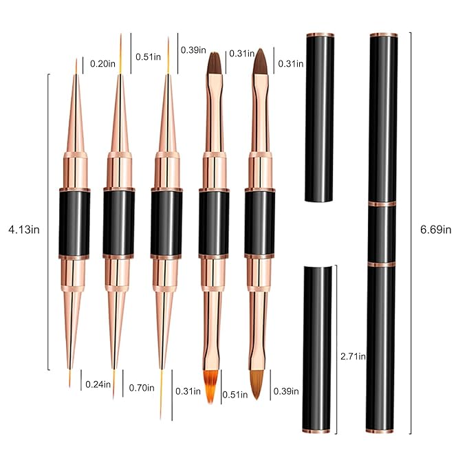 Wokoto 6 Pcs Double-Ended Acrylic Nail Brushes Set - Gel Polish Nail Art Design Pen Painting Tools - Liner and Ombre Brush for Acrylic Application - Salon at Home DIY Manicure