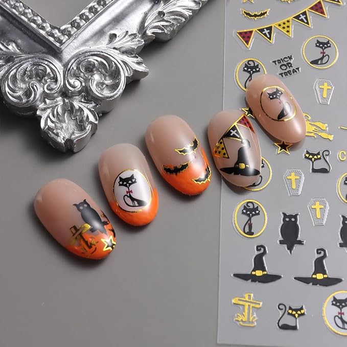 Halloween Nail Art Stickers, Ghost Nail Decals 3D Self-Adhesive Horror Ghost Skull Spider Web Bat Pumpkin Glitter Nail Design 8PCS Halloween Nail Art Supplies for Women Decoration