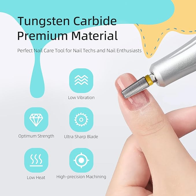 5 in 1 Nail Drill Bits, XF Carbide Tapered Nail Bit, Straight Cut Safety Drill Bits for Nails, 3/32 Two-way, Electric Manicure Drills Removal Base Coat