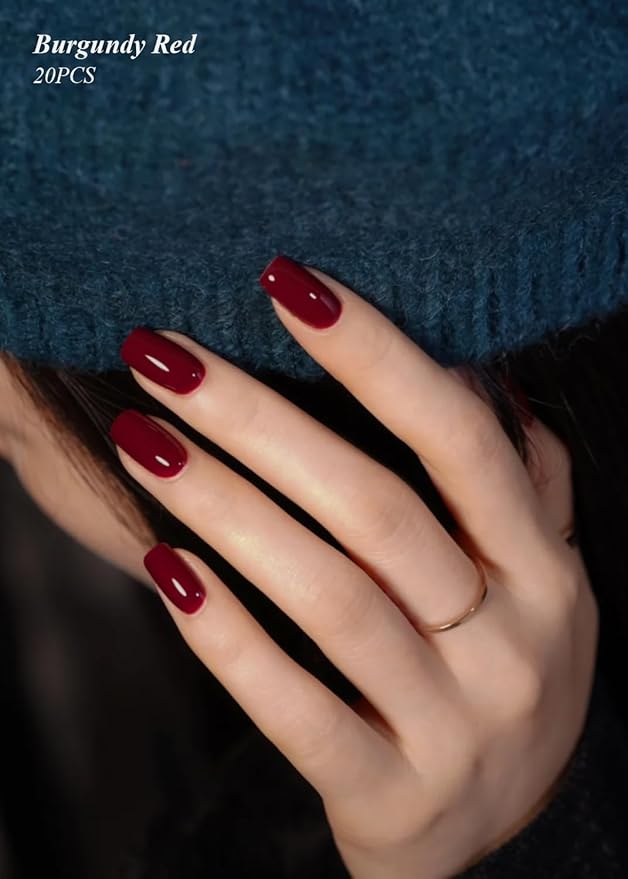 Semi Cured Gel Nail Strips (Burgundy Red), 20 Pcs Gel Nail Wraps, Stickers, UV Light Required, Salon Quality, Long Lasting