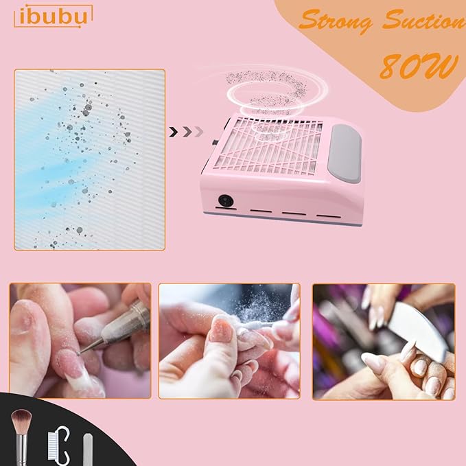 Professional Nail Dust Collector Machine - 80W Powerful Vacuum Cleaner with Multiple Tool Kits - Low Noise Pink