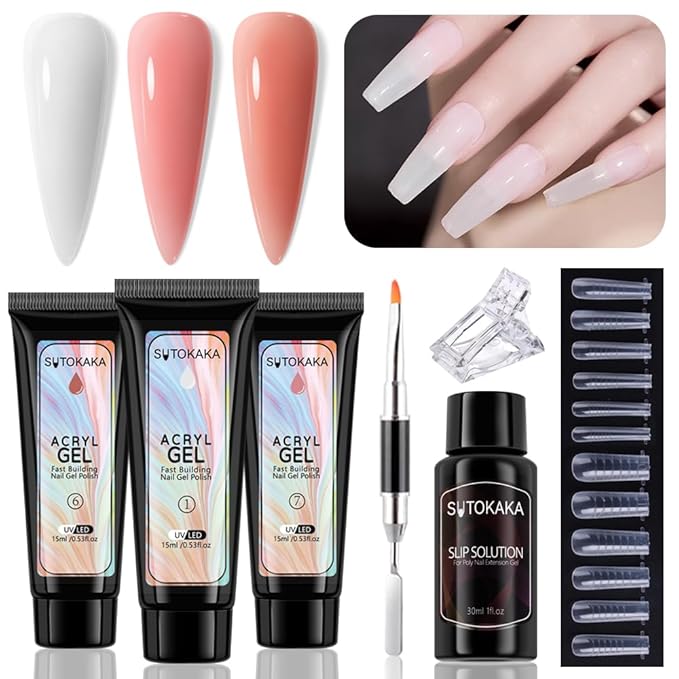 Poly Gel Nail Kit, 3 Colors White Nude Pink with Slip Solution Dual Nail Forms Dual-Ended Brush, Builder Gel Enhancement Starter Kit for Manicure DIY Salon Home Use
