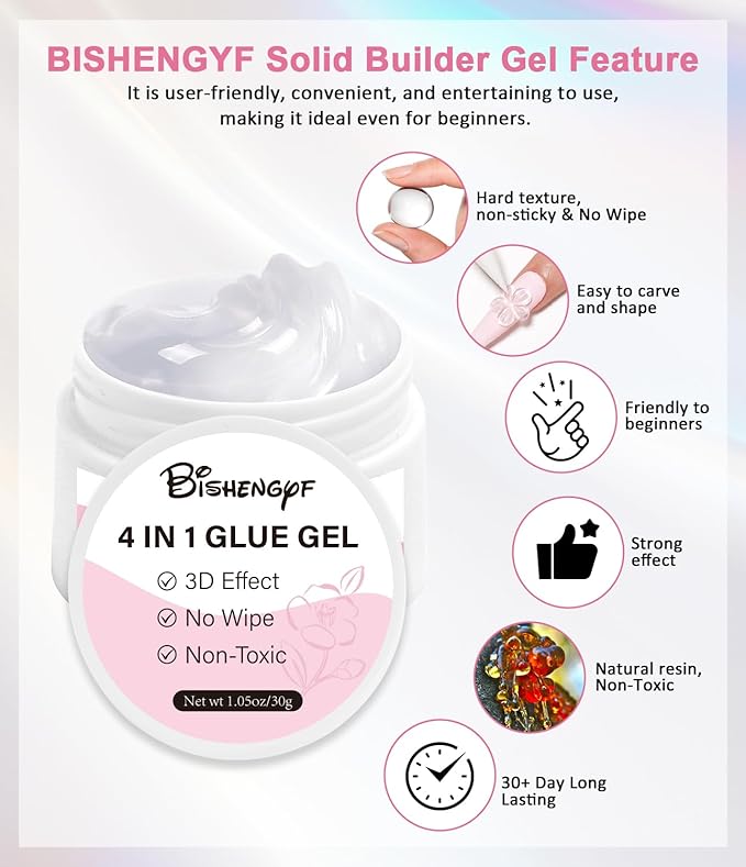 Solid Builder Gel and Chrome Nail Powder Kit BISHENGYF: 4 In 1 No Wipe 3d Sculpting Nail Gel Silver Aurora White Pearl Chrome Nail Powder Clear Non-Sticky Hand Extension Glue for Nail Decoration 30g