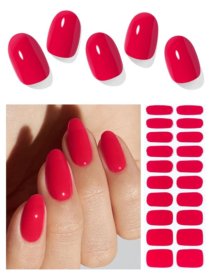 Semi Cured Gel Nail Strips (A Red), 20 Pcs Gel Nail Wraps, Stickers, UV Light Required, Salon Quality, Long Lasting
