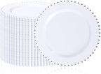 100Pcs White Plastic Dinner Plates Beaded Silver Plastic Plate Set | Heavy Duty by supernal
