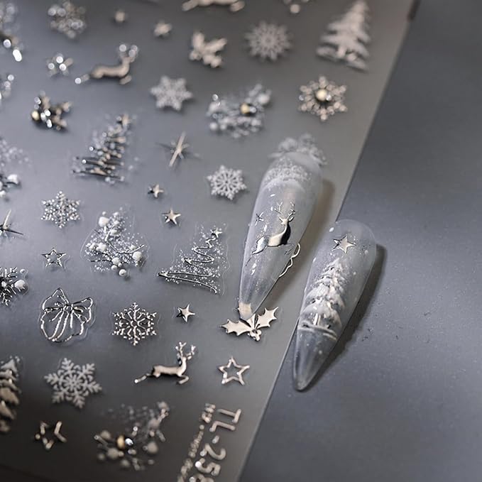 Christmas 5D Embossed Nail Art Stickers - Silver Xmas Decals With Christmas Tree, Snowflake, Elk Designs - Self Adhesive Winter Nail Supplies and Decorations for Women