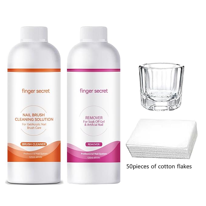 Nail Polish Gel Remover&Nail Brush Cleaner Kit for Efficiently Removing Gel Polish and Thoroughly Cleaning Brushes.Comes with a Glass Cup and 50 Cotton Pads for Convenient Use.