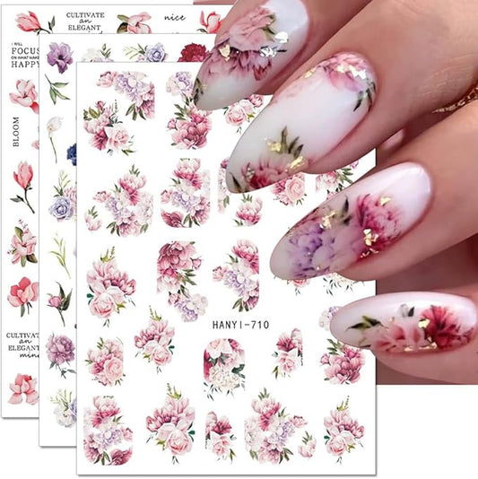 Dornail 8 Sheets 3D Flower Nail Stickers - Spring & Summer Colorful Floral Nail Art Stickers with Blooming Florals & Leaf Designs for DIY Nail Decorations