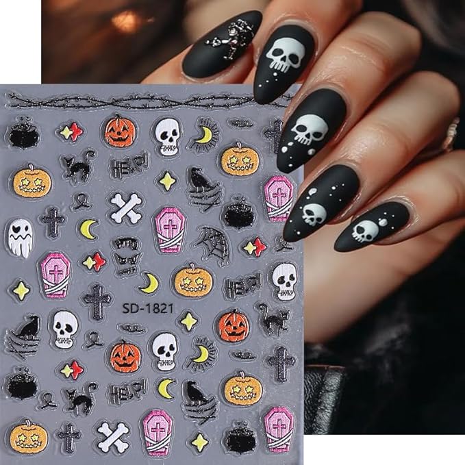 6 Sheets Halloween Nail Stickers for Nail Art, 5D Embossed Self-Adhesive Ghost Pumpkin Spider Web Nail Decals, Castle Nail Supplies Nail Art Design Accessories for Women Girls Manicure DIY Decoration