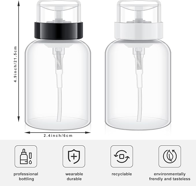 Yungyan 12 Pcs Pump Dispenser Bottle for Nail Polish 6.8 oz Push Down Pump Dispenser Empty Lockable Alcohol Bottles Containers for Makeup Remover, Alcohol, Acetone, Liquid, Travel, Black White Top Cap