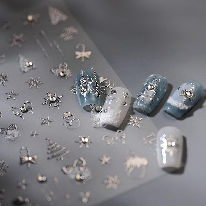 Christmas Nail Art Stickers 5D Embossed Self Adhesive Silver Christmas Nail Stickers with Rhinestone Design Star Xmas Tree Snowflake Nail Decals for Women Girls Nail Supplies Manicure DIY