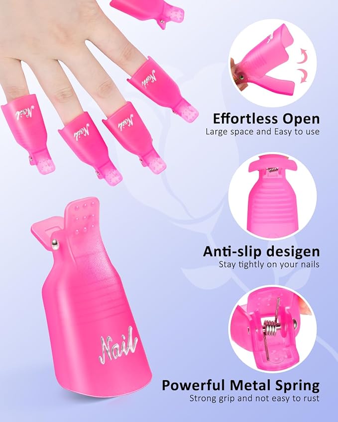 MORGLES Nail Polish Remover Kit with 300 Pcs Lint Free Wipes, Pink Nail Clips with 2 Pcs Files and Buffers, Rose Cuticle Oil, Cuticle Trimmer & Pusher