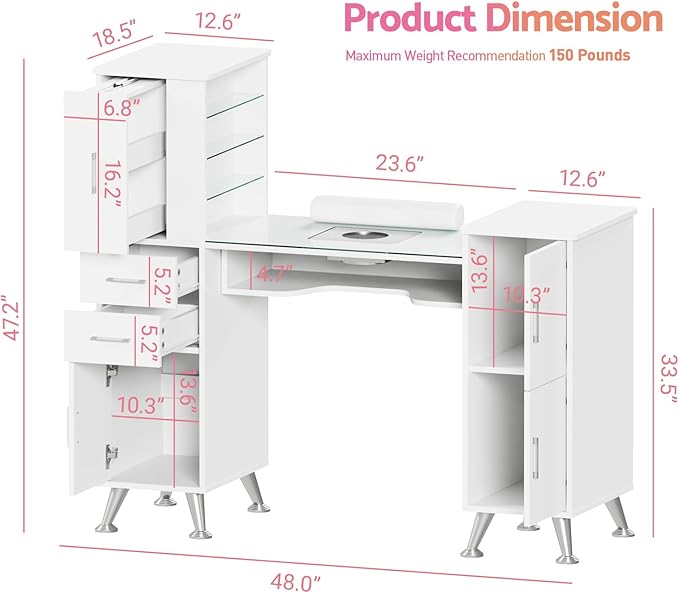 Manicure Table Nail Station w/Glass Top, Dust Collector, 4 Dust Bags, Storage Drawers & Cabinets, Nail Desk Beauty Salon Workstation (White)