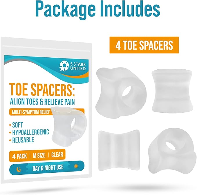 5 STARS UNITED Big Toe Spacers for Men & Women – 4 Gel Separators for Overlapping & Curled Toes, Bunions, Alignment - Diabetic Foot Care, Silicone Spreader, Corrector & Straightener, Clear