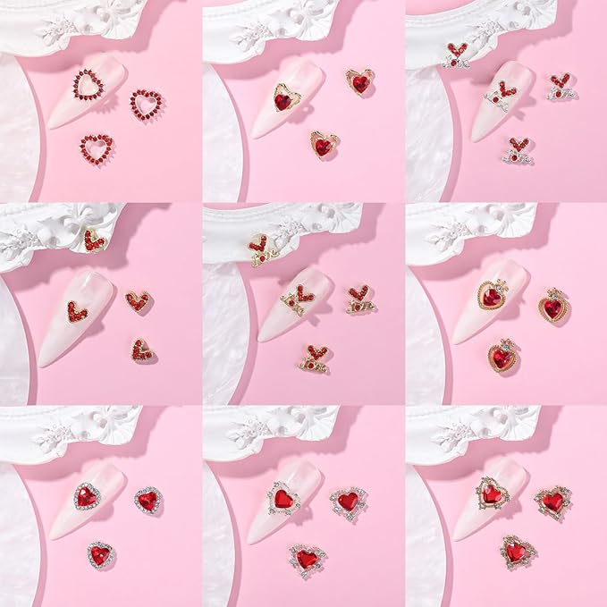 Valentines Gold & Silver Heart Nail Charms - 14 Pcs Luxury Alloy 3D Rhinestones for Crown Nails Art