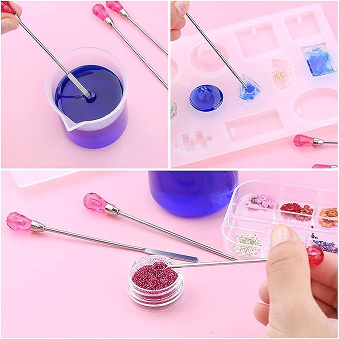 11 Pcs Silicone Resin Mold Tools Set Stirring Needle Spoon Tool Tweezers Precision Kit, Anti-Static Electronics Tweezers Set for Resin Art Crafts,Jewelry Making,Epoxy Casting Molds-Rose Red & Purple