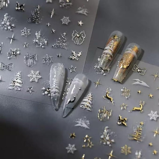 Christmas Nail Art Stickers 5D Embossed Gold Silver Elk Nail Stickers Self-Adhesive Rhinestone Snowflake Bow Xmas Tree Star Elk Nail Decals for Women Girls Winter Holiday Manicure 2 Sheets