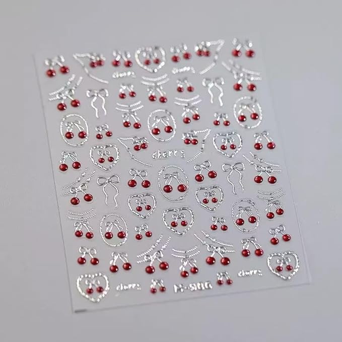 2 Sheets Red Strawberry Nail Stickers Silver Sliders Line Heart Nail Decals 3D Self-Adhesive Heart Nails Decals Cute Red Bow Design Strawberry Nails Supplies for Women Manicure