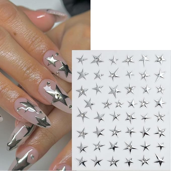 6 Sheets Star Nail Art Stickers Black Gold Silver Nail Decals with Silver Glitter Rhinestones Design 3D Self Adhesive Cute Star Nail Design Stickers Spring Nail Decor for Women Manicure Supplies