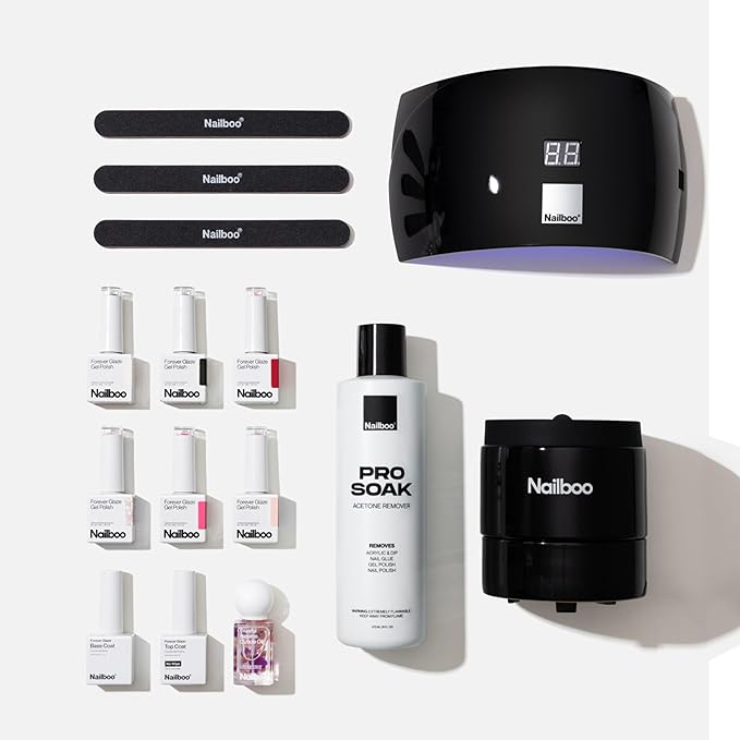 Nailboo Gel Nail Polish Kit with UV Nail Lamp - 6 Forever Glaze Gel Polishes, Acetone, Electric Soak Off Remover, Base & Topcoats, 3 Nail Files, Cuticle Oil, Salon Quality, Long Lasting Results